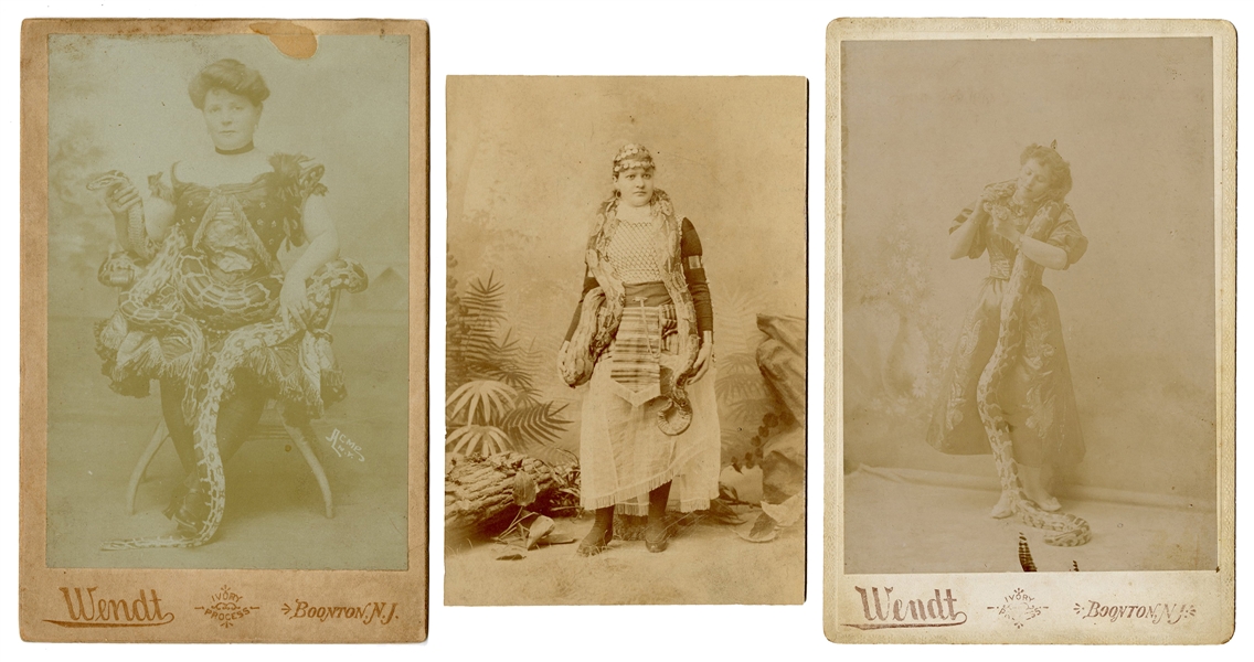  Trio of Snake Charmer Cabinet Photos. 19th century. Two pho...