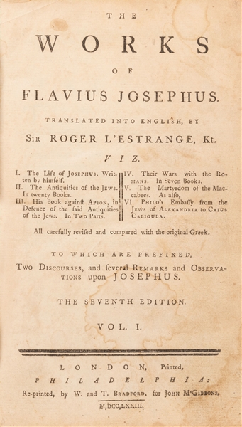  [EARLY AMERICAN IMPRINT] JOSEPHUS, Flavius (37–100 CE). The...
