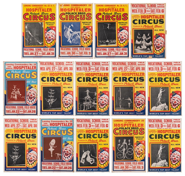  Polack Bros. Circus. Lot of 14 Window Cards. Chicago: Globe...