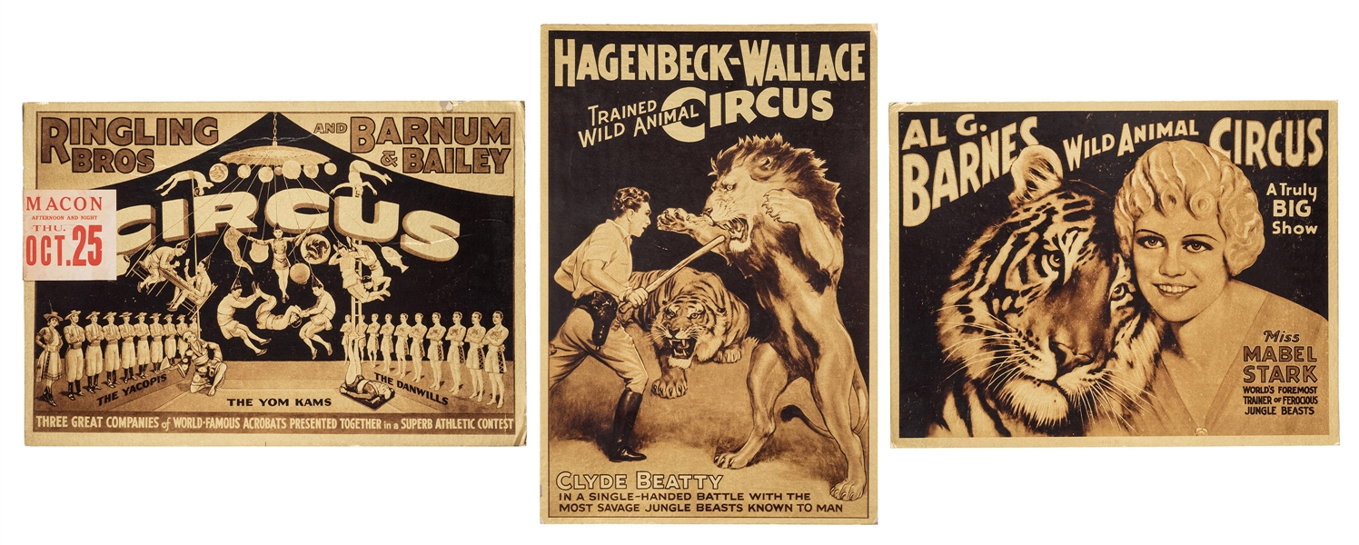  Trio of Vintage Gold Foil Circus Window Cards. 1930s. Inclu...