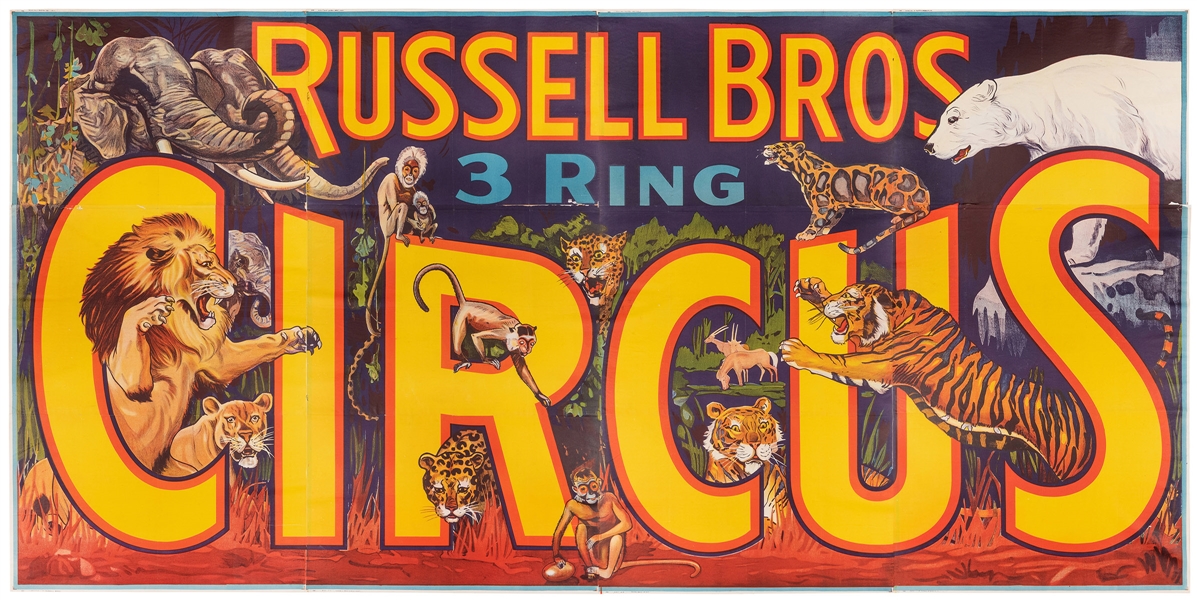  Russell Bros. Circus Massive Billboard Poster. Circa 1940s....