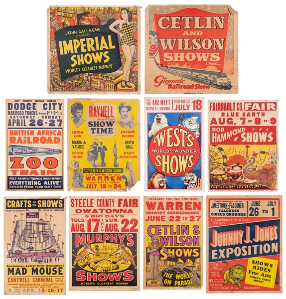  Lot of 10 Carnival Window Cards. 1930s/60s. Including Cetli...