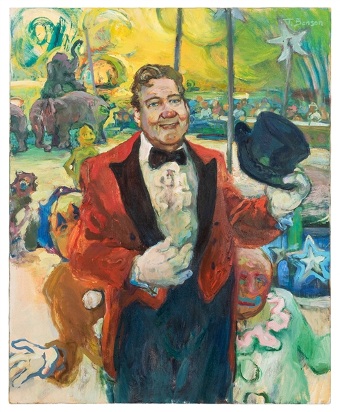  Painting of a Circus Ringmaster. Circa 1960s[?]. Oil on can...