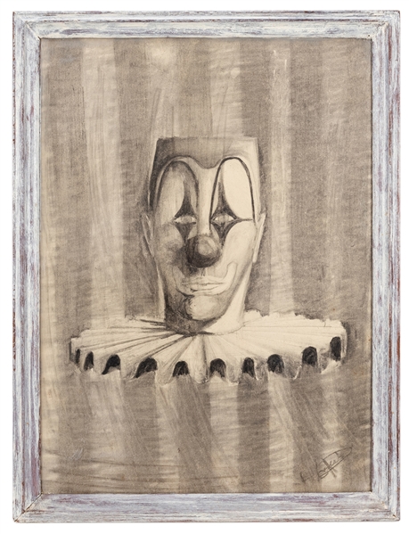  Charcoal Drawing of a Clown. Mid-century drawing on Bainbri...