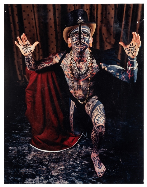  Large Color Photograph of Tattooed Sword Swallower. Color p...