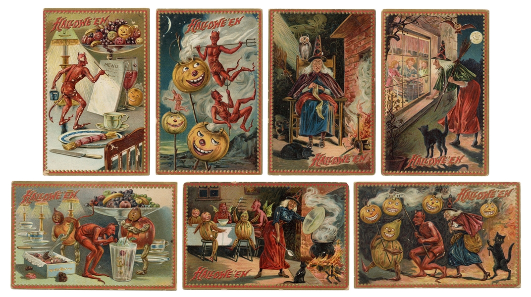  Seven Raphael Tuck Halloween Postcards, [Series No. 160]. S...
