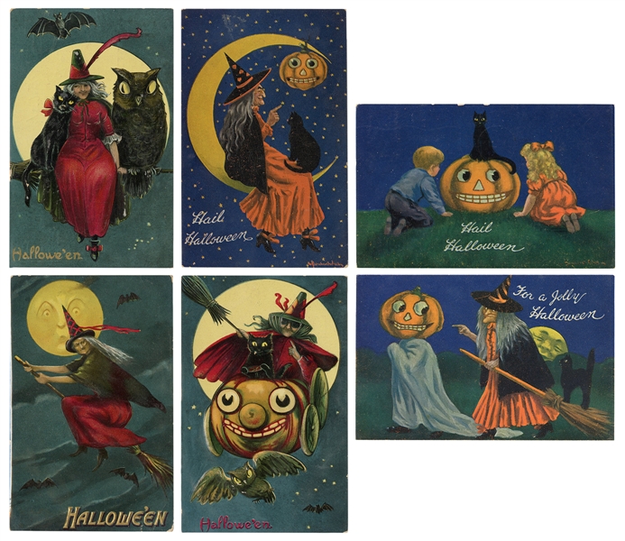  Six Valentine & Sons Halloween Postcards. England/New York,...
