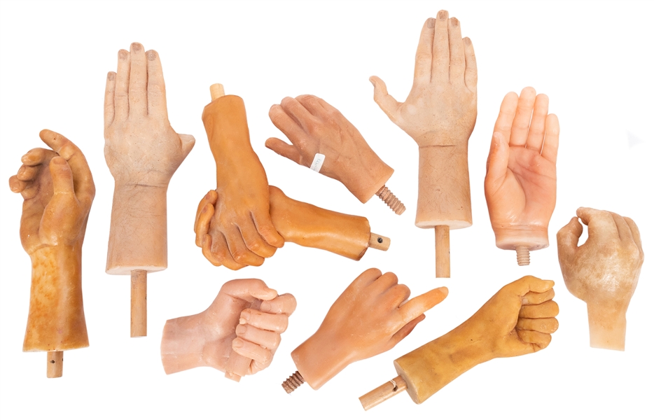  Lot of 10 Wax Museum Hands. Life-size hands in various posi...