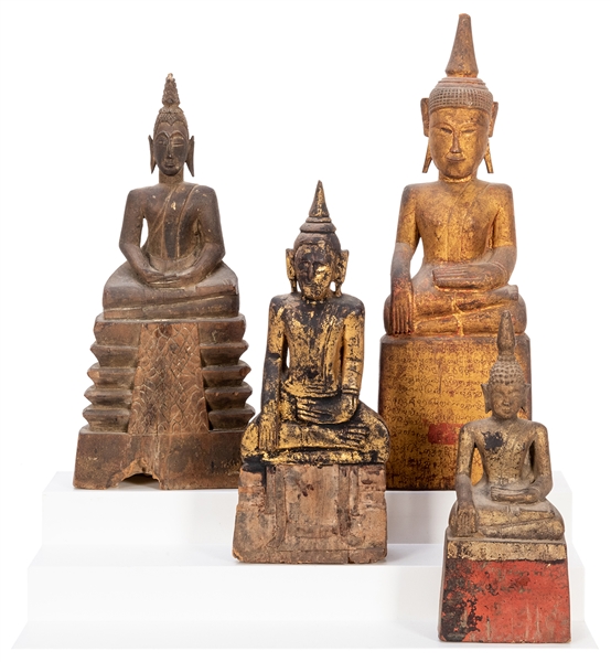  Four Small Burmese Gilt Wooden Buddhas. Mid-20th century. T...
