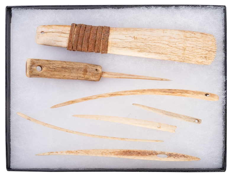  Inuit Bone Sewing Kit. 7 bone needles or scrappers. Largest...