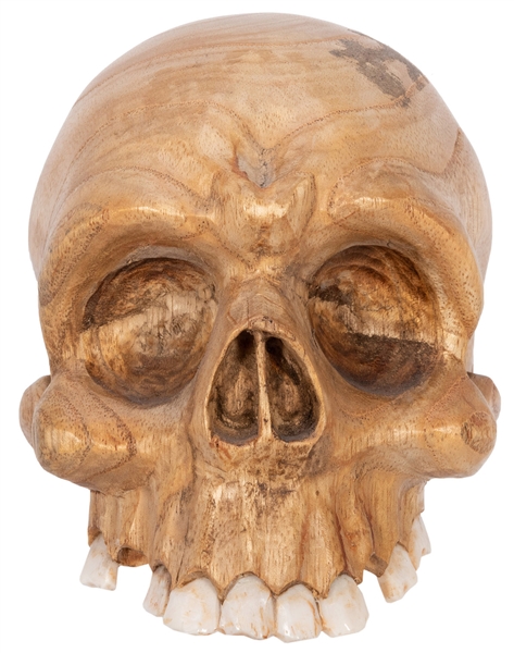  Carved Wooden Skull. Modern wooden skull with teeth (two la...