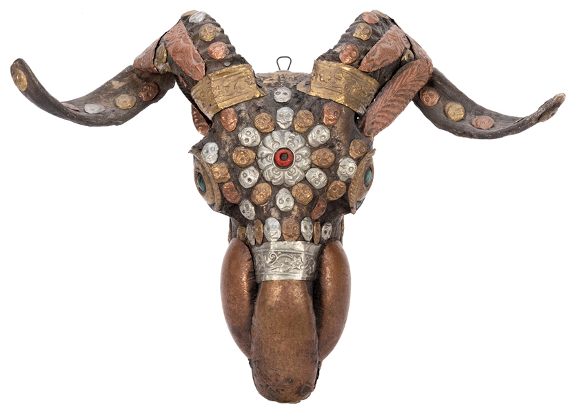  Tibetan Goat Skull and Horn Kapala. Ritual skull with metal...