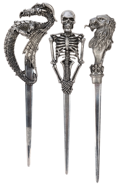  Trio of Pewter Letter Openers. Includes a skeleton, griffin...