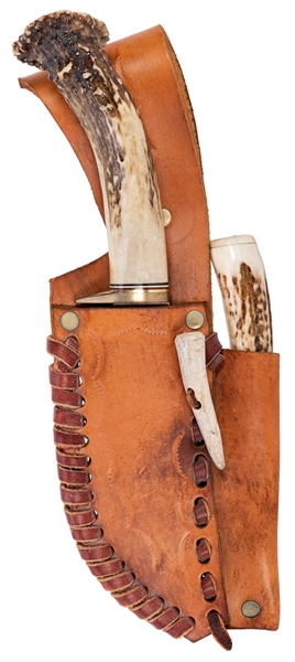  Pair of Stag Knives in Leather Sheath. The longer knife wit...