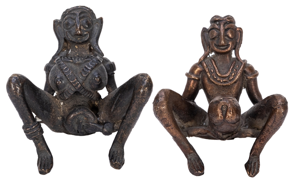  Pair of Erotic Bronze Figures. Seated male and female patin...