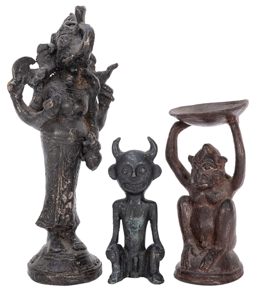  Three Cast Iron / Bronze Figures. Including monkey supporti...
