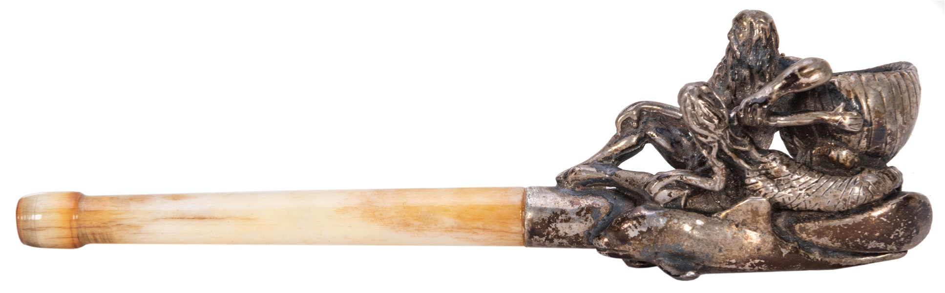  Bone and Silver Figural Hash Pipe. Depicting dolphins, a me...