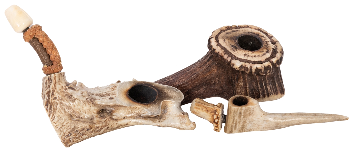  Trio of Antler / Stag Pipes. Carved and polished antler smo...