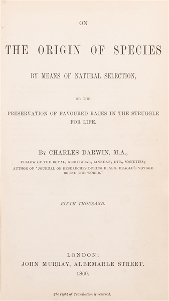 DARWIN, Charles (1809–1882). On the Origin of Species by Me...