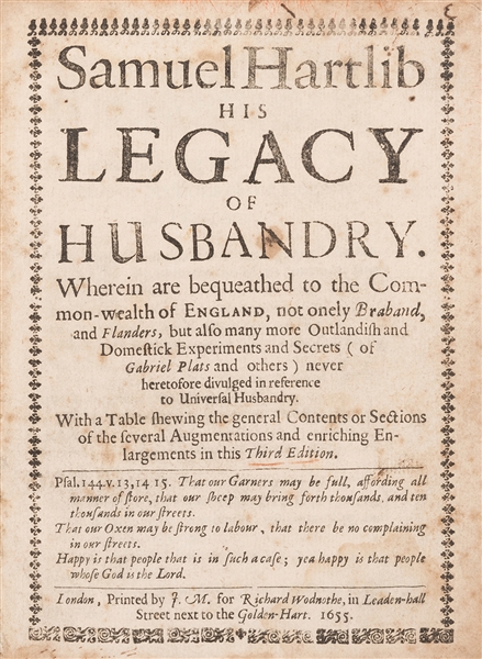  HARTLIB, Samuel (1600–1662). Samuel Hartlib His Legacy of H...