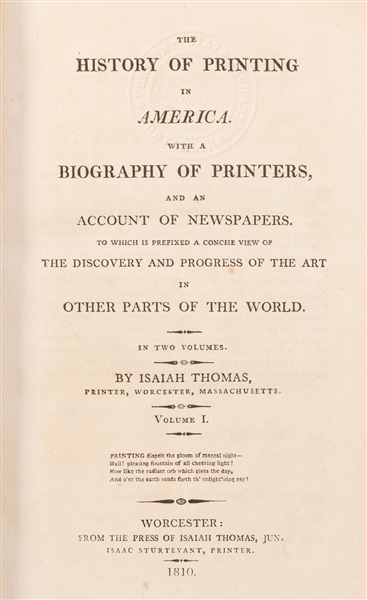  THOMAS, Isaiah (1749–1831). The History of Printing in Amer...
