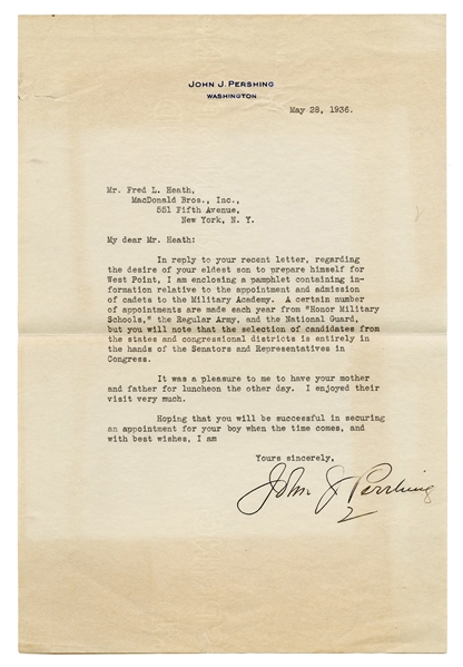  PERSHING, John Joseph (1860-1948). Typed Letter Signed by G...