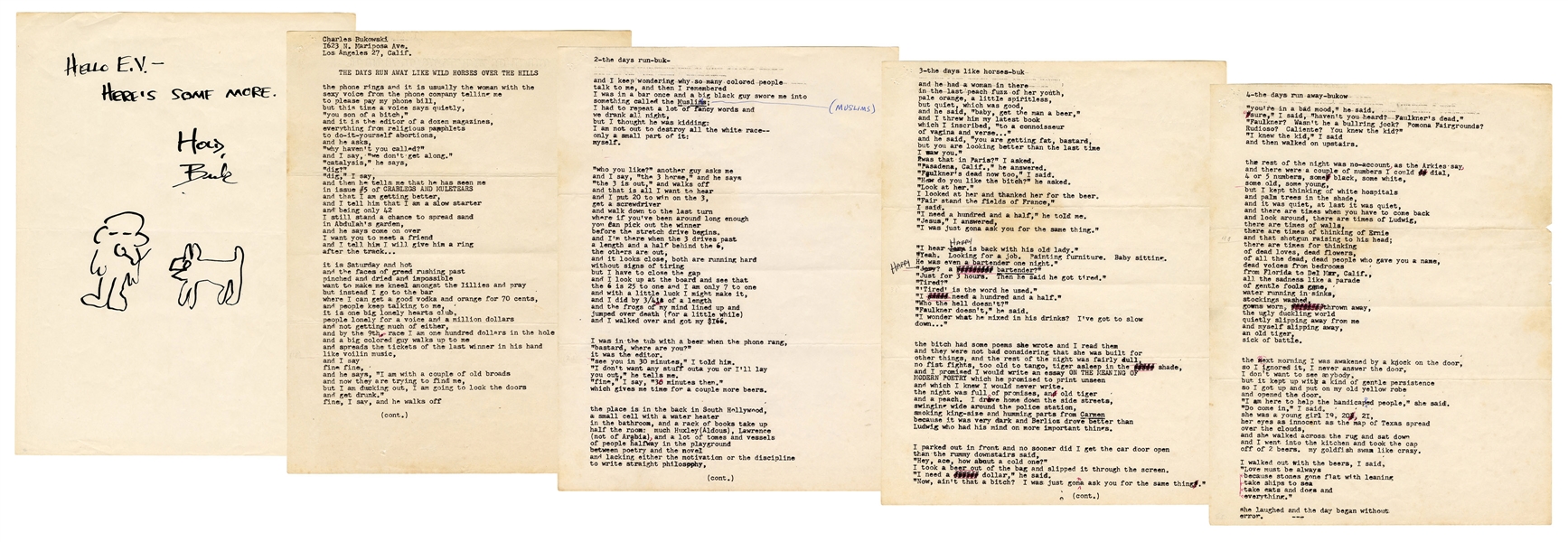 BUKOWSKI, Charles (1920–1994). First Appearance of ‘The Days Run Away Like Wild Horses Over the Hills’ Original Typed Manuscript Submitted for the Hearse 10 Publication. 