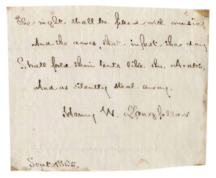  LONGFELLOW, Henry Wadsworth. “The Day Is Done” Autograph Qu...