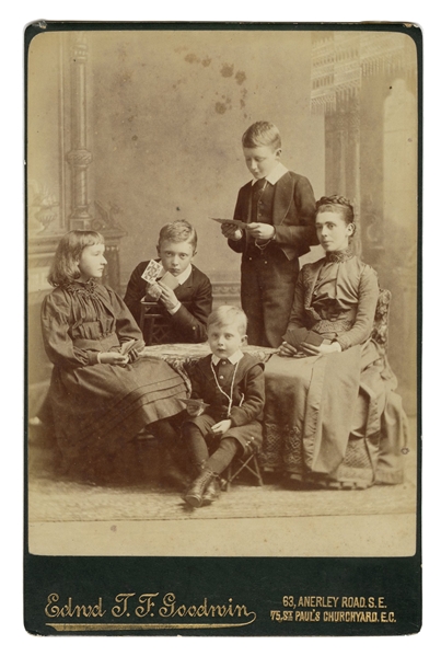 [GAMBLING] Cabinet Card Photograph of Children Playing Card...