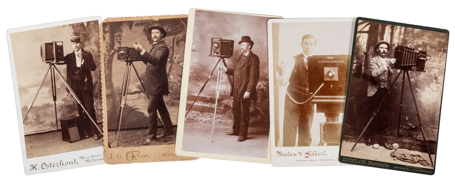  Five Cabinet Cards of Photographers Posing with Cameras. Ci...