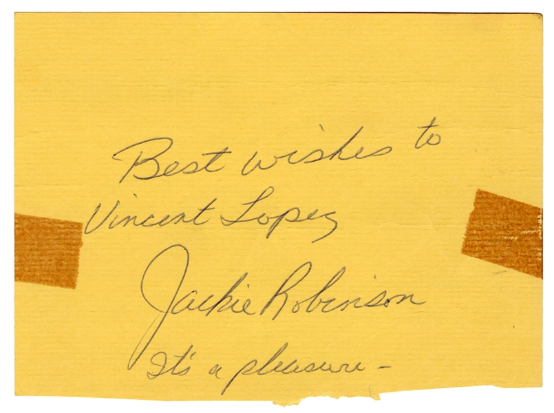 ROBINSON, Jackie. Jackie Robinson Signed Card. Inscribed an...