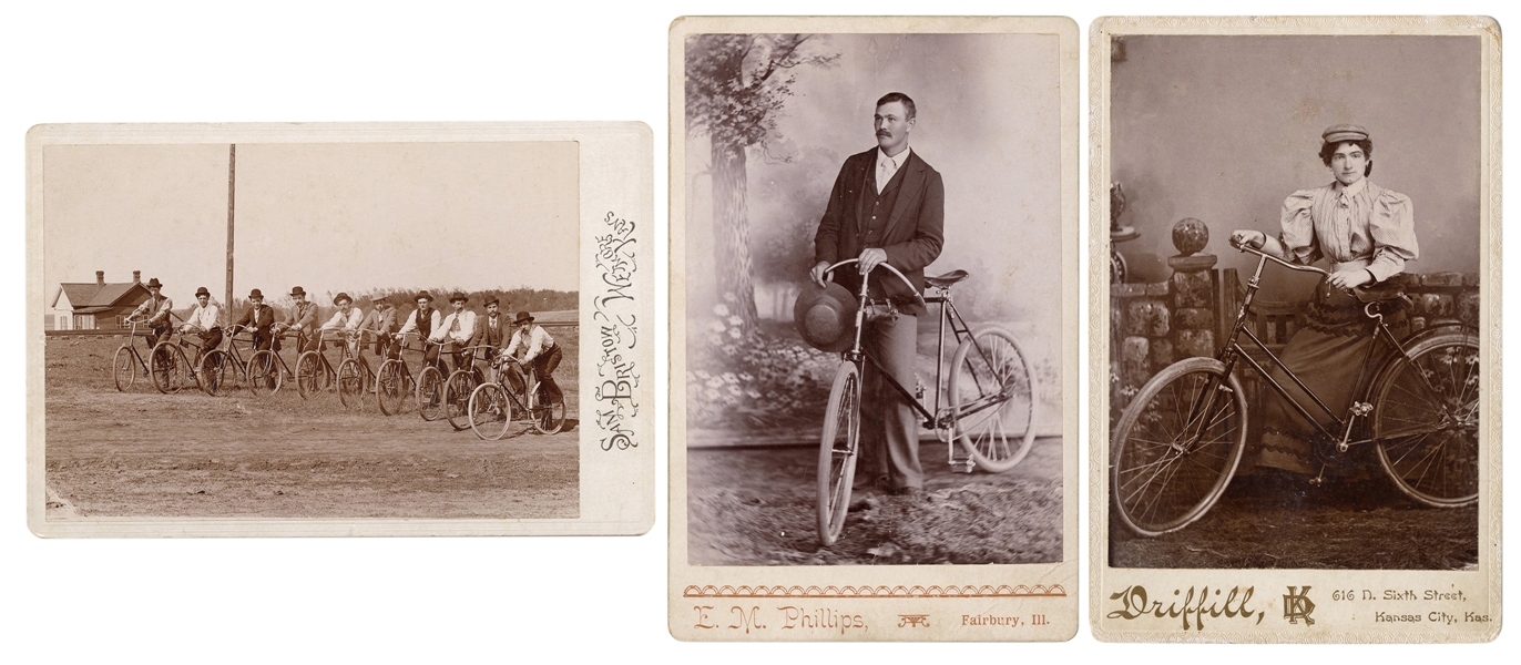  [BICYCLES] Three Cabinet Cards of Men and Women with Bicycl...