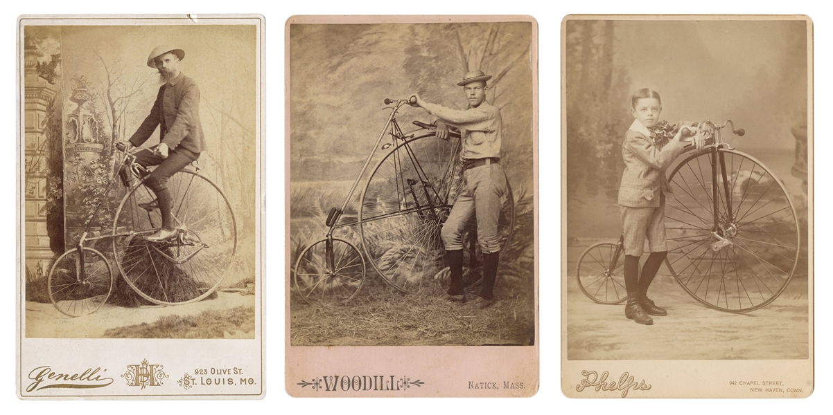  [BICYCLES] Three Early Cabinet Cards of Men and Children wi...