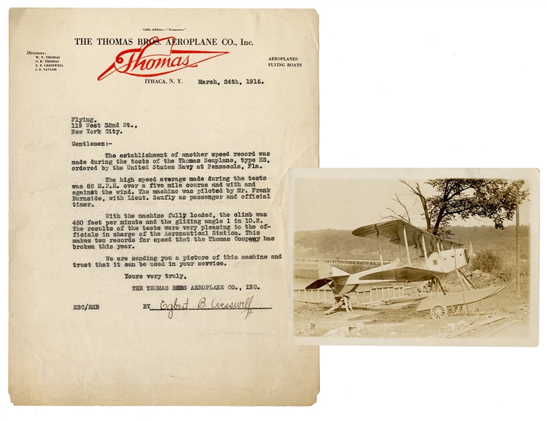  Thomas Bros. Aeroplane Co. TLS and Photograph. 1916. Signed...