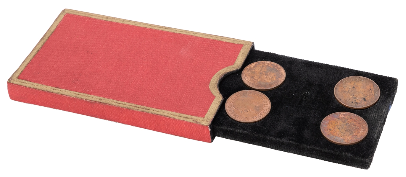  Four-Coin Drawer Box. European, ca. 1910. Cloth-covered box...