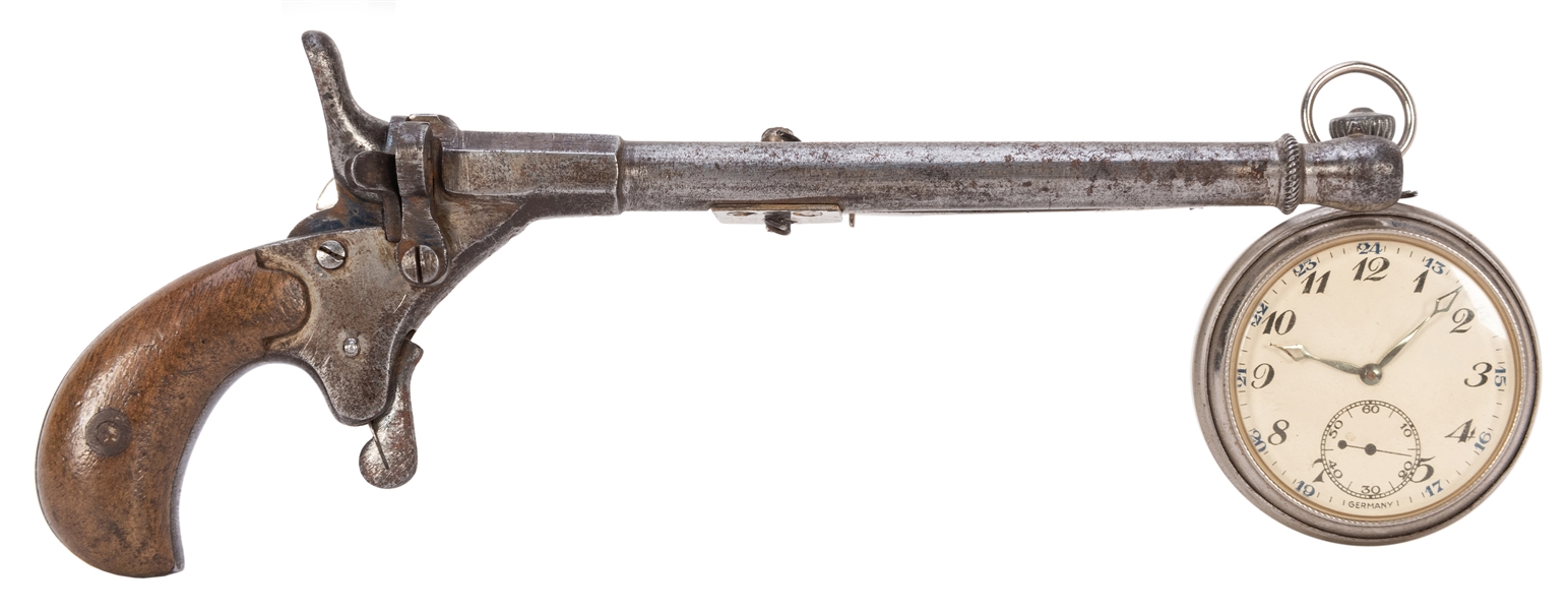  Watch Vanishing Pistol. German, 1910s. Small nickeled pisto...