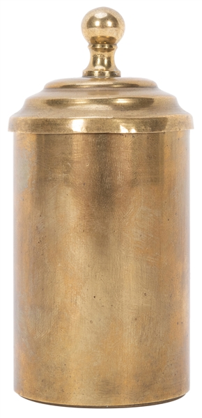  Canary Plug Box. European, 1920s. Brass cylinder with snug-...