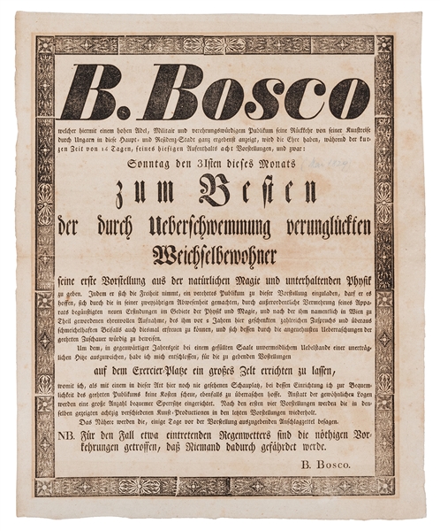  Bosco, Bartolomeo. Bosco Conjuring Broadside. German, ca. 1...