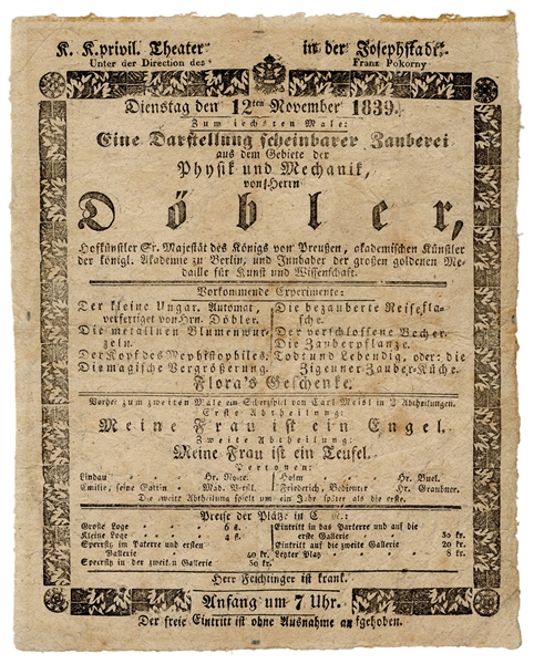  Döbler, Ludwig. Letterpress Theater Broadside of Magician L...