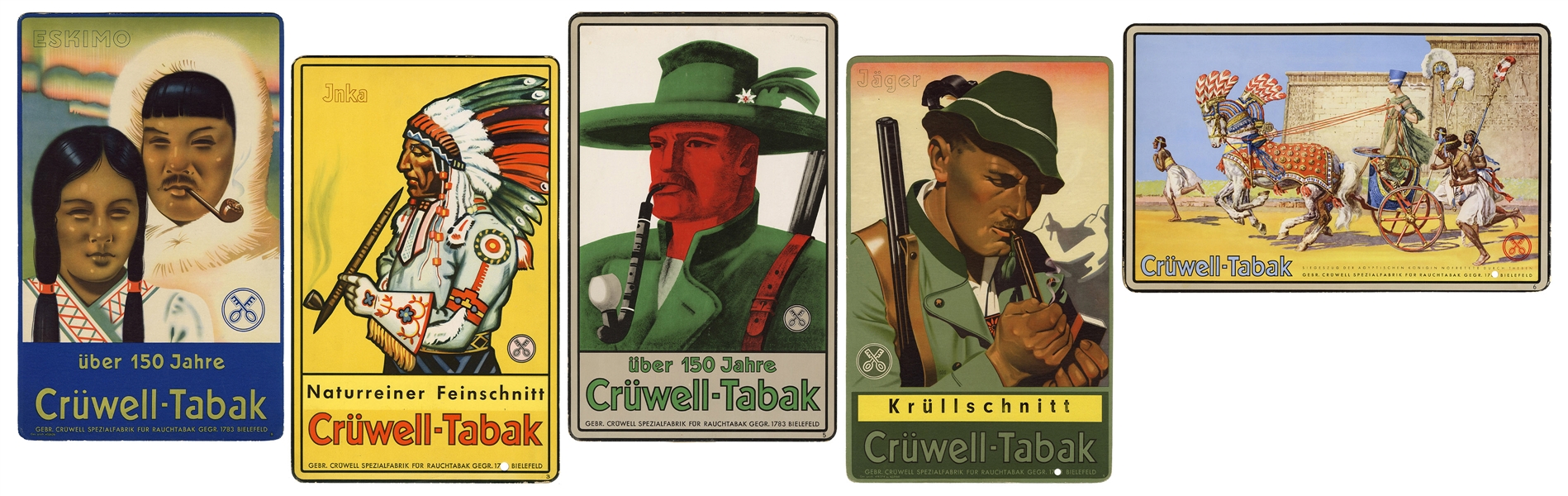  [Tobacco] Six Crüwell–Tabak Display Signs. Circa 1920s. Off...