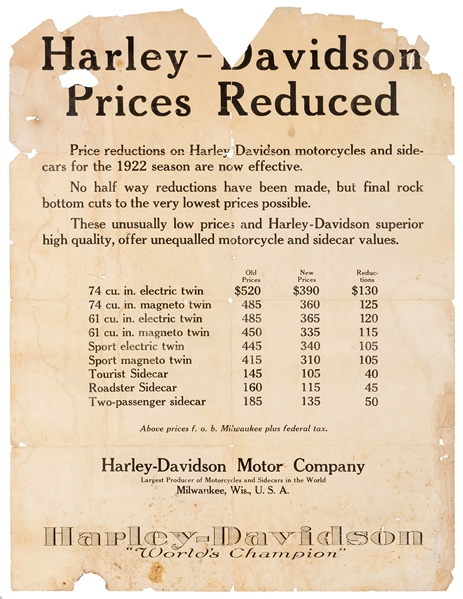  Harley-Davidson Motorcycles 1922 Price List Poster. Milwauk...