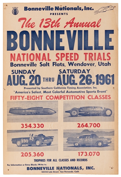  1961 Bonneville Salt Flats Racing Promotional Window Card. ...