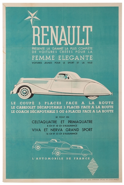  Renault…Femme Elegant. Circa 1930s. Lithograph in colors ad...