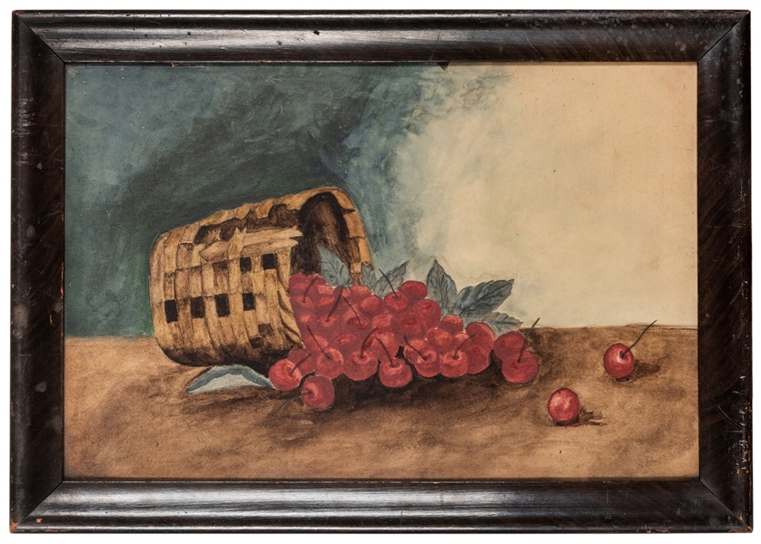  Early American Watercolor of a Basket of Cherries. American...
