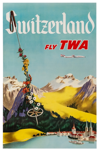  Fly TWA Switzerland. Circa 1950s. Lithograph travel poster ...