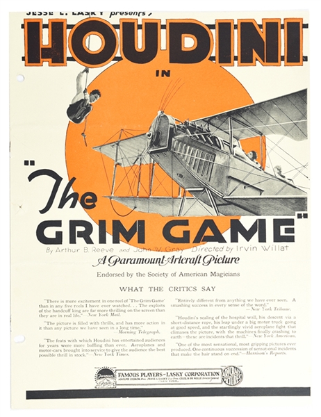  Houdini, Harry. Jesse L. Lasky Presents Houdini in “The Gri...