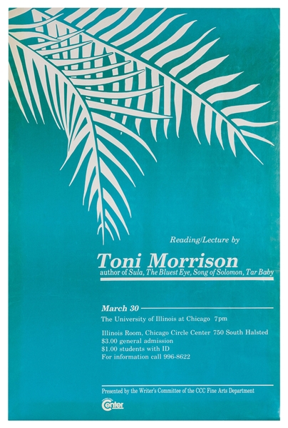  Morrison, Toni. Toni Morrison Reading Lecture Poster. Circa...