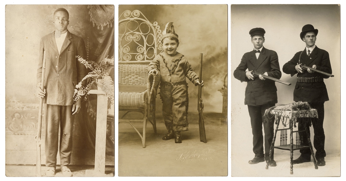  Three Real Photo Postcards of Subjects with Guns. Including...