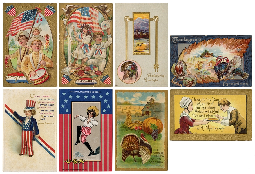  Nine Fourth of July and Thanksgiving Postcards. Circa 1900s...