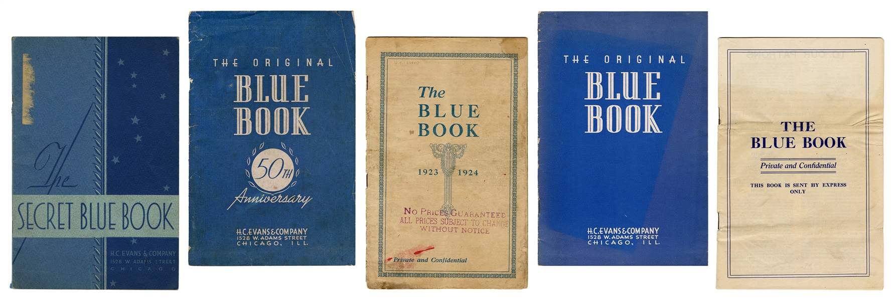  H.C. Evans Blue Books. Lot of 5. Chicago, 1920s-40s. Printe...
